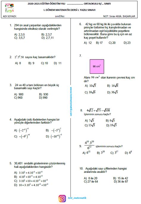 8 sınıf matematik 1 dönem 1 yazılı hazırlık test çöz